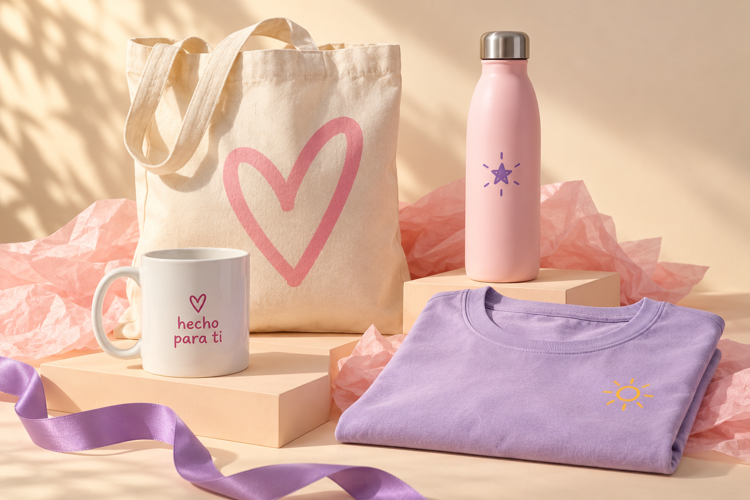 Ejemplos ilustrativos de una taza, un bolso de tela, una polera y una botella personalizados